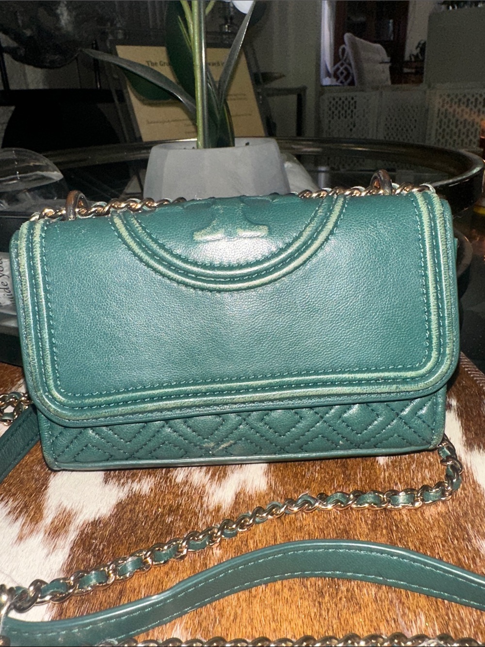 Tory Burch Emerald Green Quilted Leather Crossbody with Chain Strap